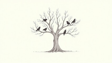 Obraz premium Six Birds Perched on a Bare Winter Tree Branches Illustration