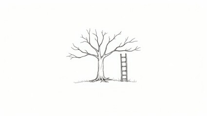 Bare Tree with Ladder Minimalist Line Drawing Nature Illustration Simple Design