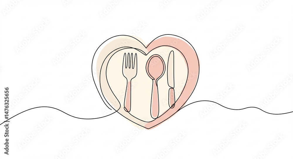 Poster Table Setting Line Art in Heart Shape on White Background