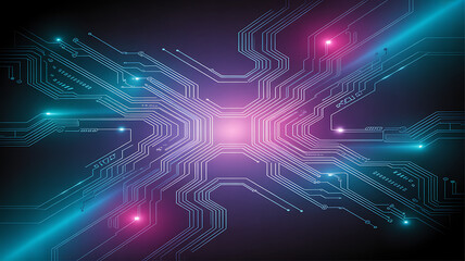Obraz premium An abstract, symmetrical image of a circuit board with glowing blue and pink lines against a dark background.