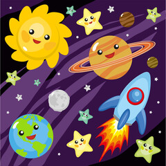 Cute Cartoon Space with Planets, Stars, Rocket and Sun – Vector Illustration for Kids. Funny space-themed vector illustration with smiling planets, stars, rocket, the Earth, Saturn, Moon, and Sun.