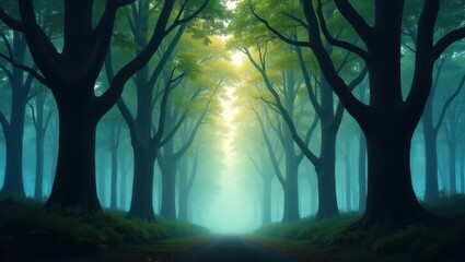Naklejka premium Enchanting Misty Forest Path Serene Nature Scene with Tall Trees and Fog