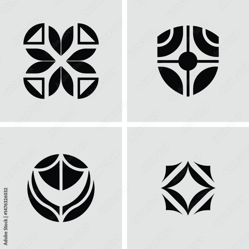 Poster collection of abstract geometric design elements in black and white shapes with different configurat