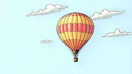 Colorful Hot Air Balloon Soaring High Above Fluffy Clouds in a Blue Sky Travel and Adventure