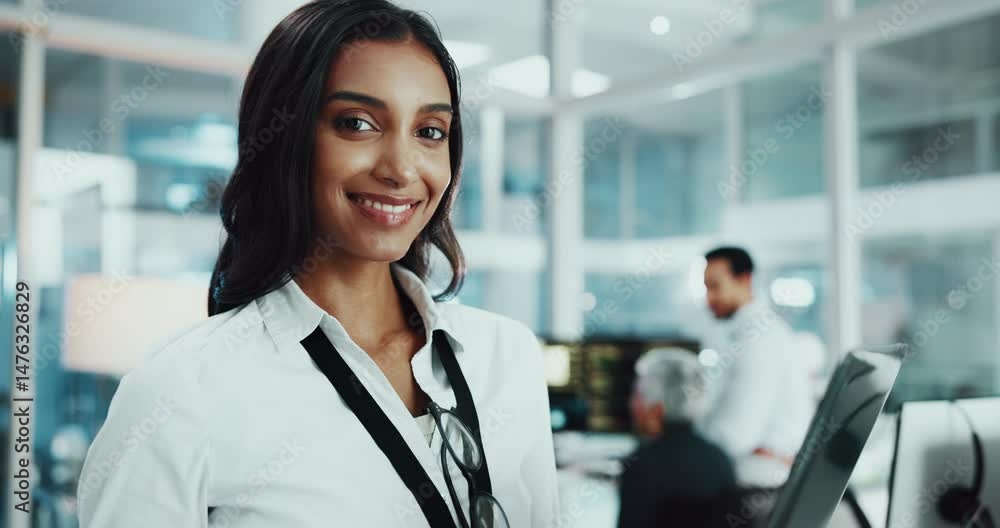 Poster Face, woman and developer with laptop in office for research, programming and software update. Portrait, person and online for web development, problem solving and information for troubleshooting app