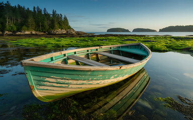 Obraz premium Coastal landscape with moss-covered rocks, clear ocean waves, and distant islands