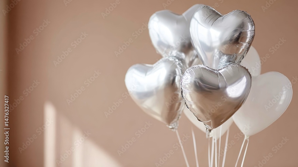 Poster heart-shaped balloons in shiny silver reflect light elegantly while floating in a soft blush setting