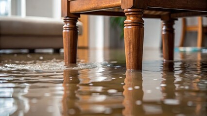 Flash disaster damage Flooded room with furniture legs submerged in water, highlighting damage and disaster.