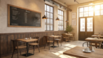 Fototapeta premium Cozy coffee shop with wooden furniture and warm background creates welcoming atmosphere for relaxation and conversation