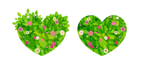 Set of cute creative hearts with green leaves and pink flowers. Isolated cut paper and 3D style. Floral backdrop with clipping mask. Greeting card template. Blank design. Postcard idea with copy space