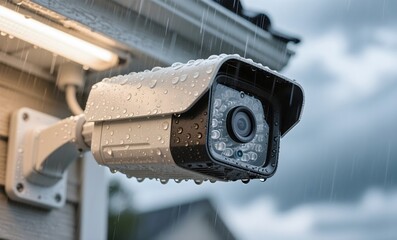 Weatherproof Security Camera with Water Droplets Mounted on Building Exterior Demonstrating Rain Resistance