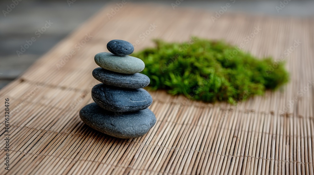 Poster smooth river stones are stacked in a balanced formation on a bamboo mat, surrounded by soft green mo
