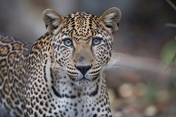 Obraz premium Close-up of a young leopard with striking blue eyes and a speckled coat, showcasing its unique beauty.