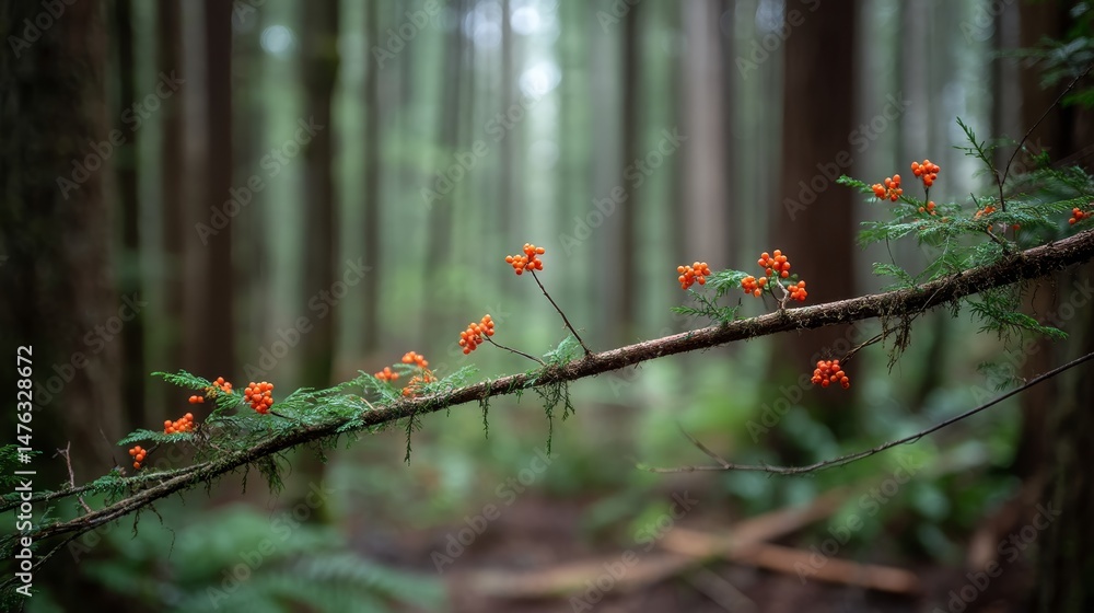 Poster Close-up view of an evergreen branch displaying textured bark and bright orange berries, set against a soft-focus green forest backdrop, creating a peaceful atmosphere