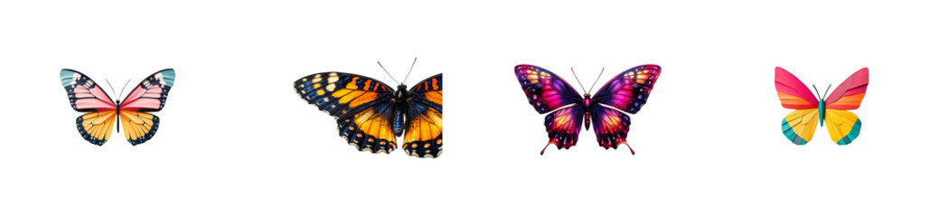 Fototapeta premium Vivid butterflies, set, isolated on dark background, cut out transparent
