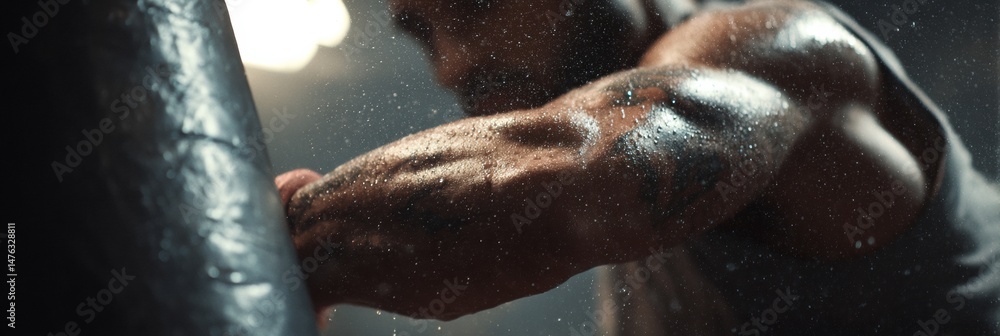 Poster muscle engagement and determination displayed during a punching bag workout in a gym setting