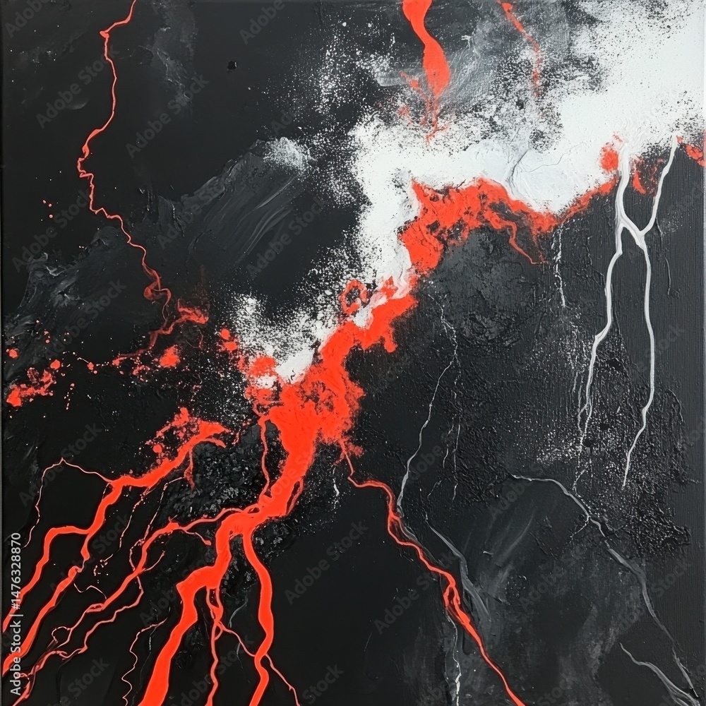 Poster abstract painting on canvas close up view showing black background with red and white splatters and 