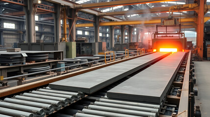 Fototapeta premium Hot steel slabs cooling on conveyor belts in modern industrial metallurgy factory, showcasing advanced iron processing technology.
