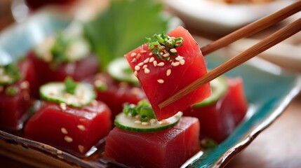 Chopsticks carefully elevate a piece of tuna sashimi, adorned with sesame seeds and cucumber, resting on a ceramic dish with a softened backdrop