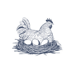 Laying hen sitting on eggs. Vector illustration in line style
