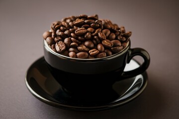 Fototapeta premium A black cup overflowing with rich coffee beans, set against a smooth, dark background.
