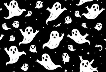 Spooky black and white doodle ghost seamless pattern Ideal for coloring books, wrapping paper, fabric, and textile printing, scary, book