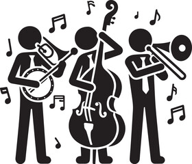 "Black and White Jazz Band Vector Illustration with Musical Instruments"
