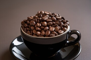 Fototapeta premium A black cup overflowing with roasted coffee beans against a neutral background.