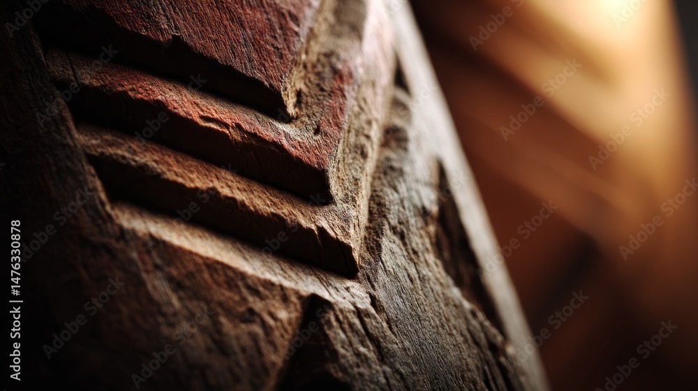 Poster close-up view showcasing the deep grain of mahogany wood adorned with unique hand-carved patterns, e