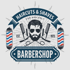 	
Barbershop logo, poster or banner design concept with barber pole and bearded men. Vector illustration