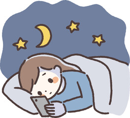 Hand-drawn illustration of a young woman using smartphone in bed at night, suffering from insomnia and poor sleep habits