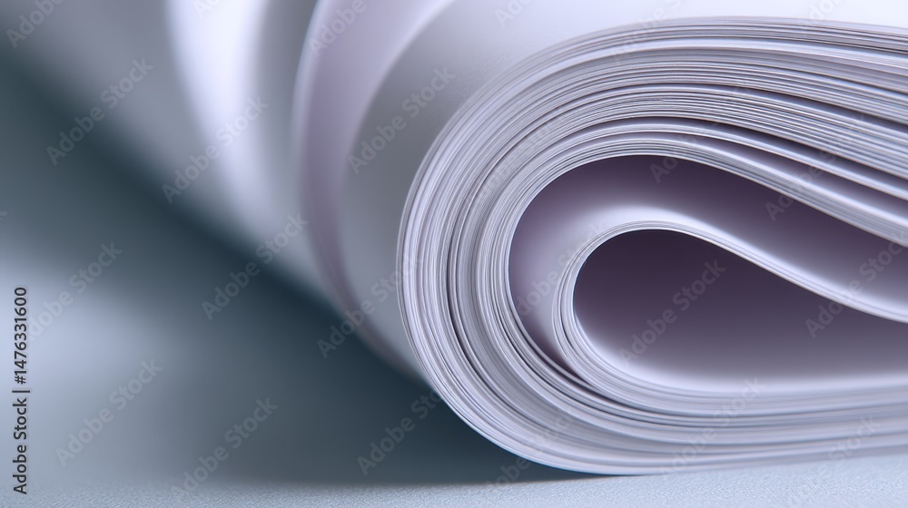 Poster close-up view of neatly stacked paper reams featuring slightly curled corners against a clean white 