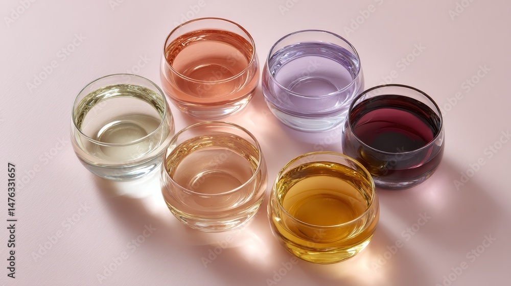Aufkleber Whiskey glasses display a harmonious triangular arrangement, reflecting soft light and emphasizing rich amber hues against a calming pastel backdrop