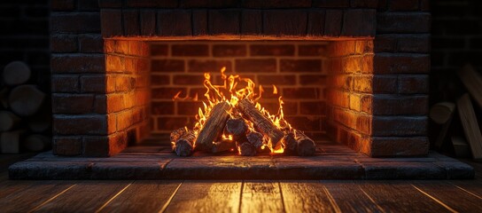 Cozy brick fireplace with crackling fire
