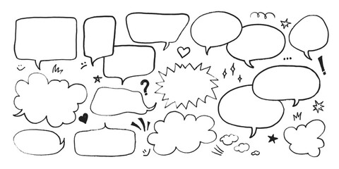 Fototapeta premium Dialogue speech bubbles with pen or crayon chalk doodle emphasis hand drawn style vector illustration set. Chat balloons crayon chalk style various dialogue frames collection hand drawn sketch style.