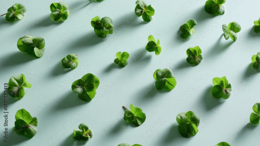 Leinwandbilder Close-up view of arranged clover leaves on a soft mint backdrop forms a calming, repeating pattern ideal for home decor or stationery applications