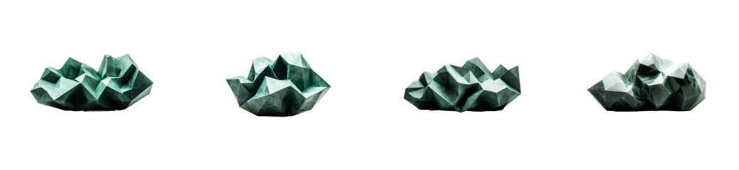 Four teal mineral clusters, geometrical forms, isolated, cut out transparent