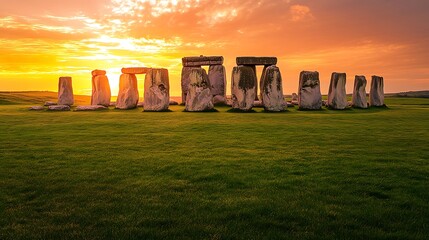 Stonehenge in England with the sun setting behind it The stone circle is surrounded by lush green grass and the sky above casts an orange glow over everything There are no people visible