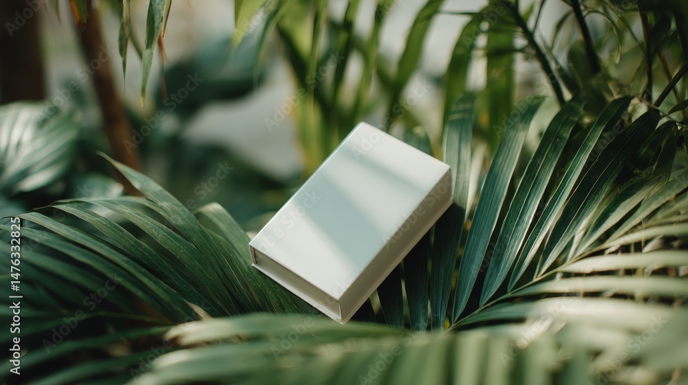 Fototapete a clean cream frame is positioned within lush green fern leaves, illuminated by soft natural light, 