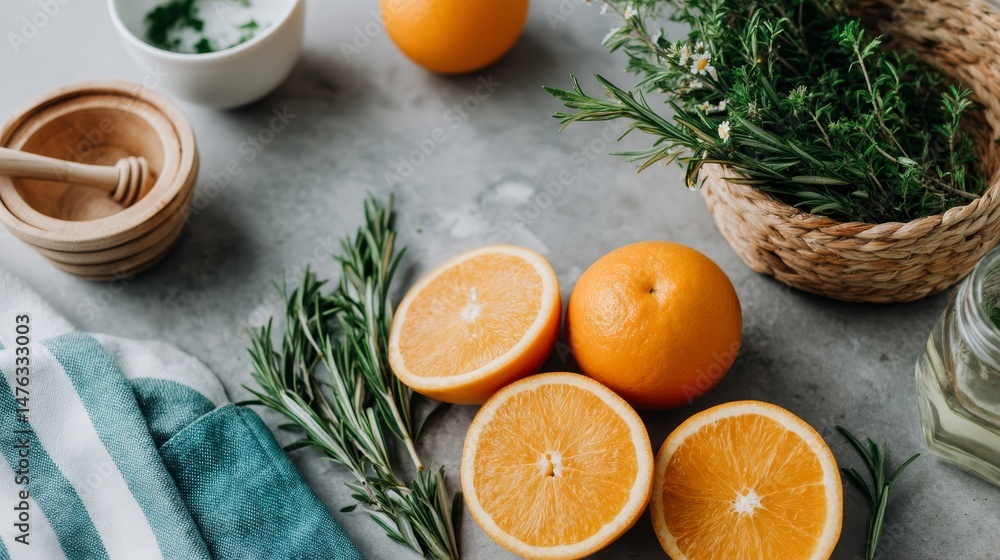 Aufkleber sliced oranges and fresh rosemary sprigs create a colorful flat lay on a slate surface, complemented