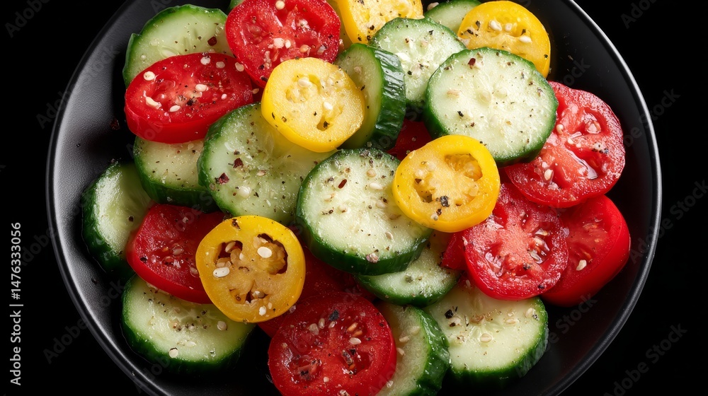 Poster close-up view of colorful bell peppers and cucumbers artfully arranged on a glossy black plate, show