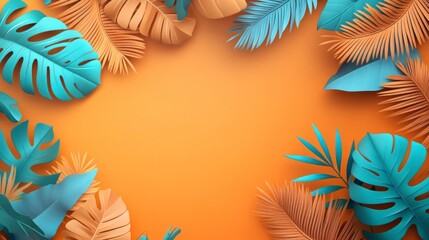 Colorful tropical leaves frame on orange background