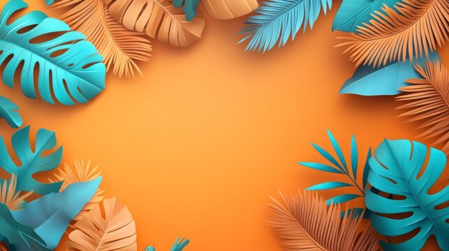 Colorful tropical leaves frame on orange background