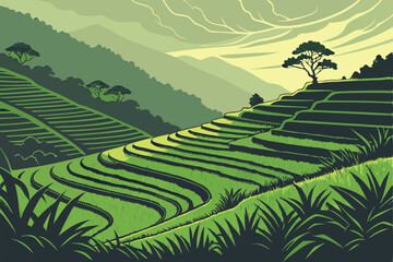 41 lush green terraced rice fields, dramatic moody lighting, striking contrast between light and shadow, dramatic cinematic landscape, vibrant colors, intricate patterns, rolling hills, moody atmosphe