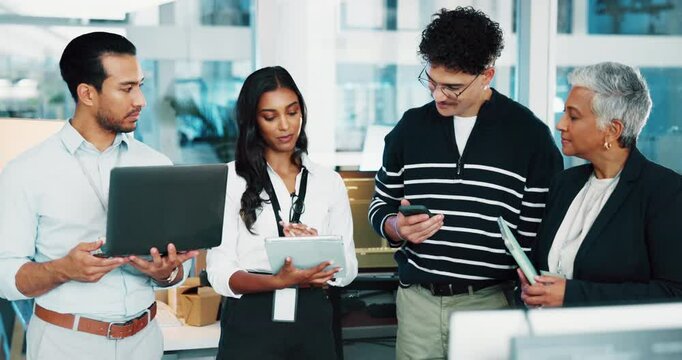 Coding, team and business people with tablet for planning in office, help or web development. Group discussion, programmer and tech for software project, creative idea or problem solving in meeting