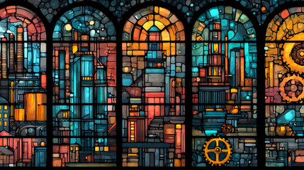 Stained glass steampunk city architecture art design industrial gears and cogs fantasy illustration