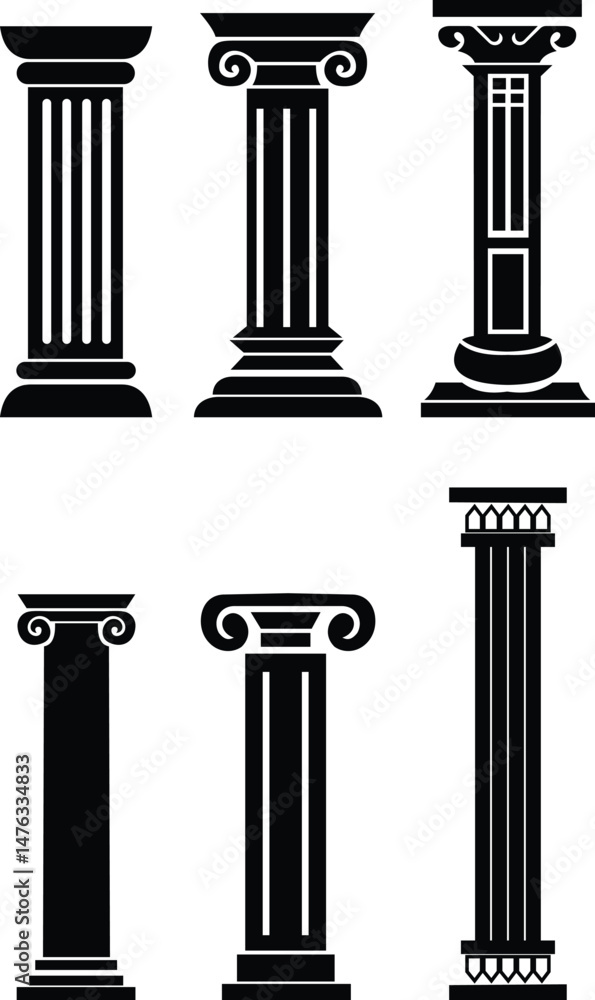 Poster icon set of classical building with columns representing ancient architecture, linear style icon. historic designs. Editable stroke width symbols elements infographics for web transparent background
