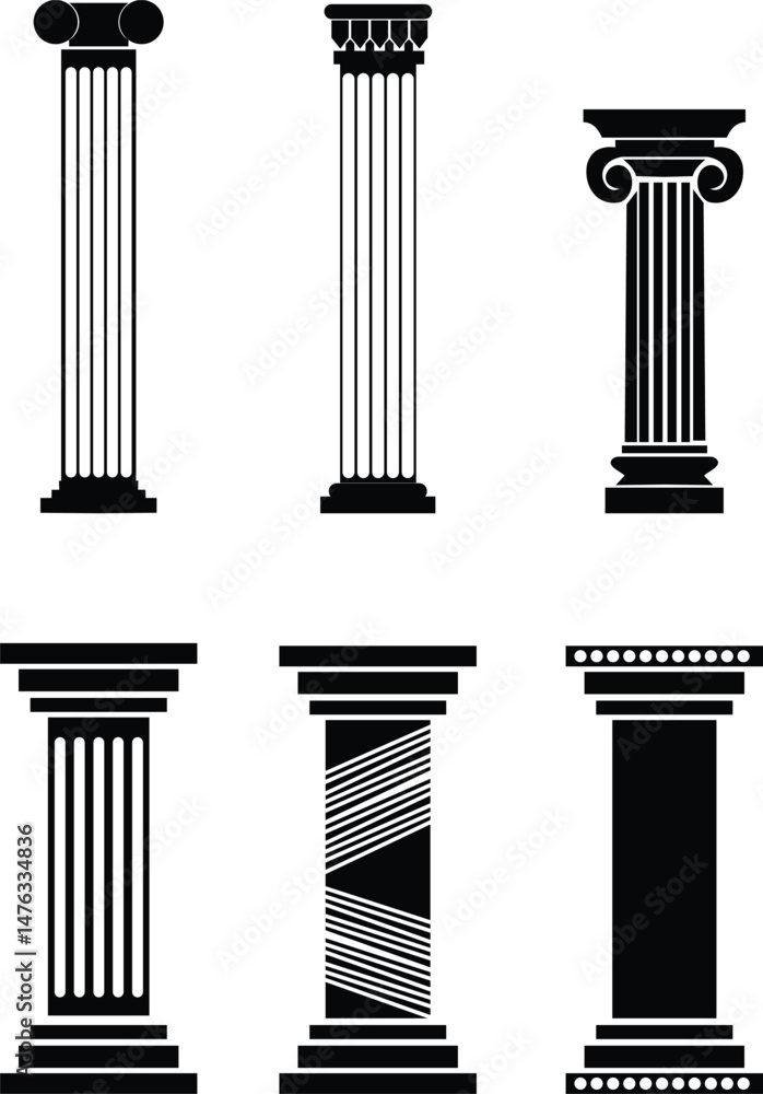 Poster icon set of classical building with columns representing ancient architecture, linear style icon. historic designs. Editable stroke width symbols elements infographics for web transparent background