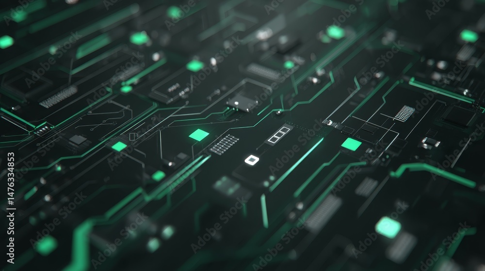 Poster Abstract design features wavy layers and circuit lines, blending AI and neural network symbols in cool tones for a futuristic look