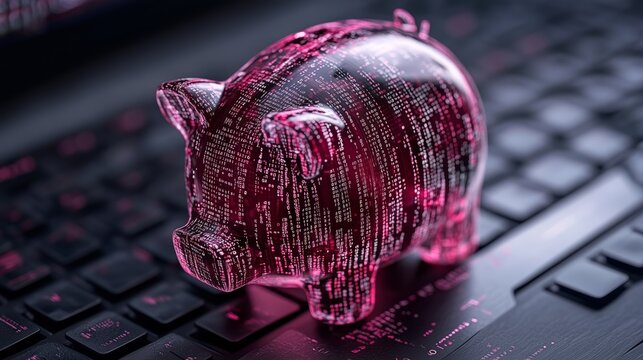binary code , pink, translucent piggy bank placed on a laptop keyboard. The scene is symbolic and imaginative, representing themes of savings, finance, modern technology